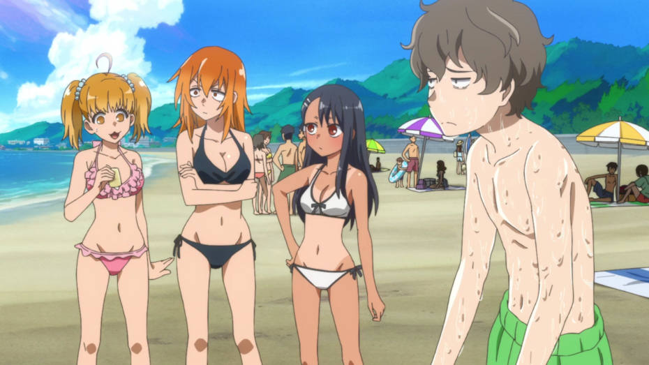 gamo, yoshi, nagatoro e il senpai in spiaggia